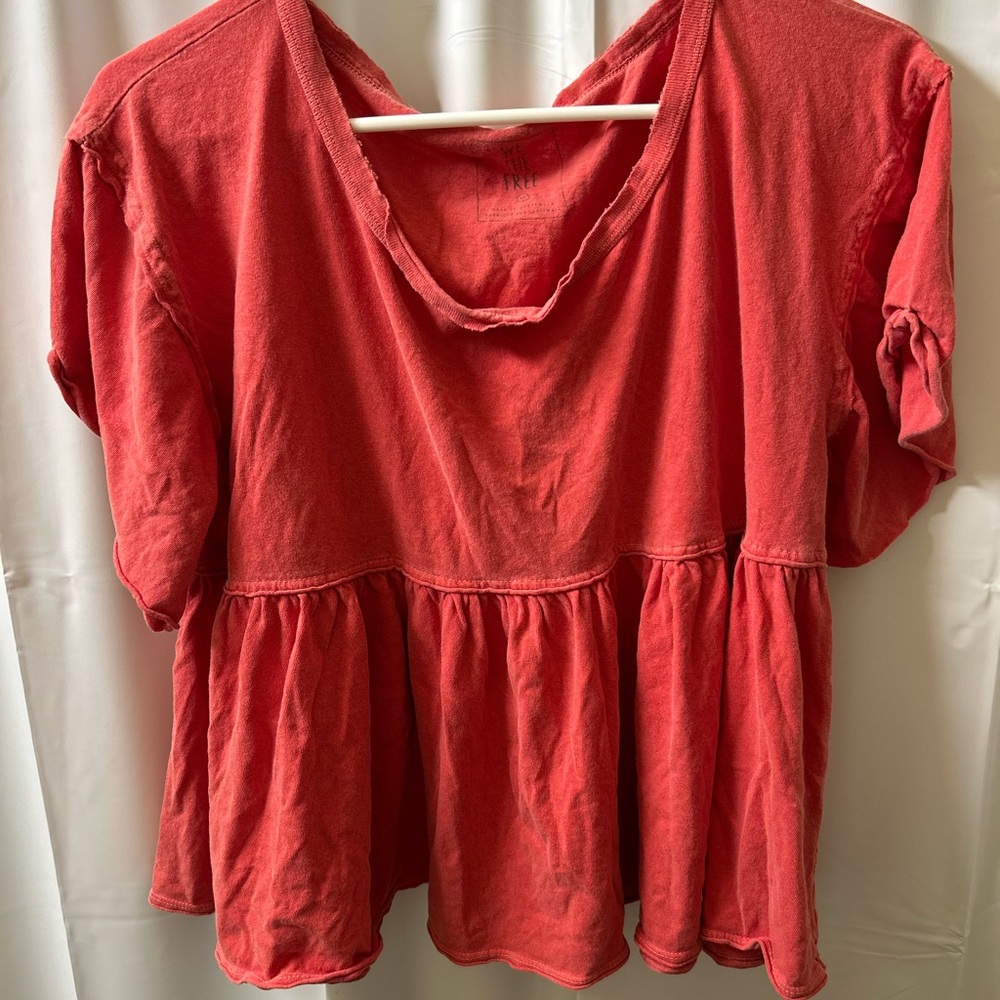 We The Free Coral-Red Peplum Short Sleeve Top